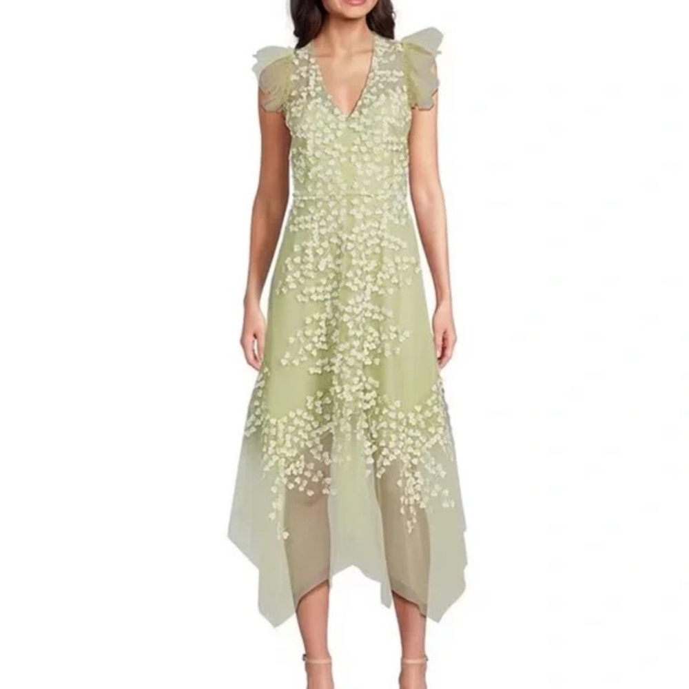 Alex Marie Green Asymmetrical Gown with Flutter Sleeves and V-Neck